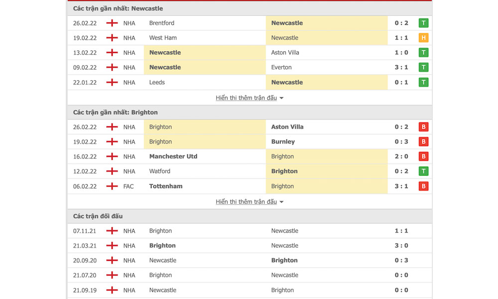 Các trận đấu gần nhất của Newcastle vs Brighton
